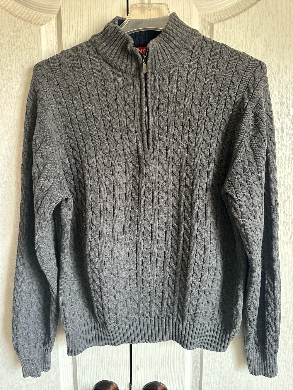 IZOD Mens L Gray Cable Knit 1/4 Zip Sweater Long Sleeve Pullover